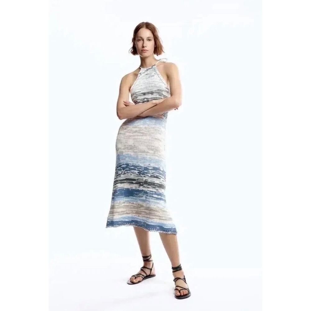 Zara Small Halter Midi Dress White Gray Watercolor Stripe Crochet‎ Knit Acrylic
